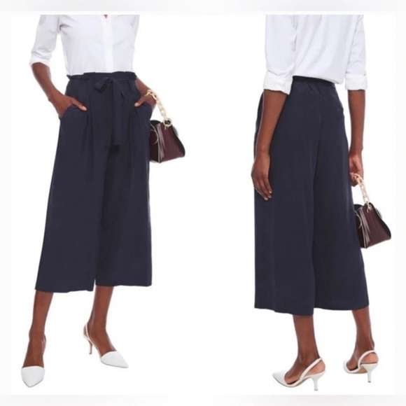 $385 L'AGENCE Blue 100% Silk Samira Wide Leg Paper Bag Cropped Pants - Picture 2 of 7